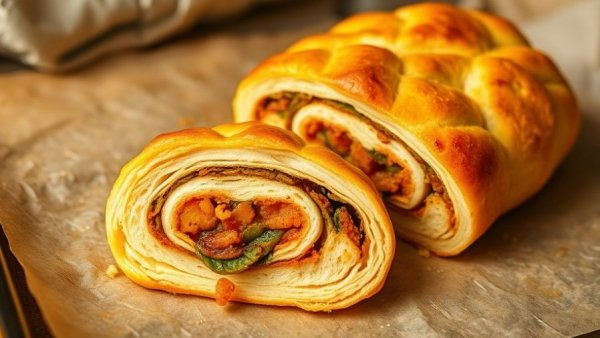 Golden, flaky Vegan Wellington on parchment paper, freshly sliced.