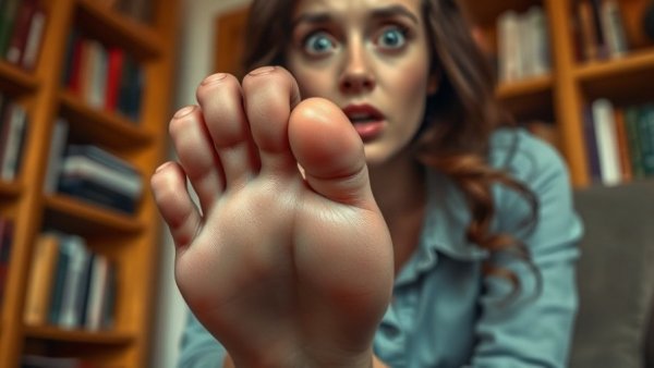 Close-up view of a crazy foot injury reaction video with a woman expressing surprise.