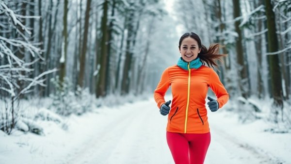 Energetic woman in snowy forest preparing for home workout.