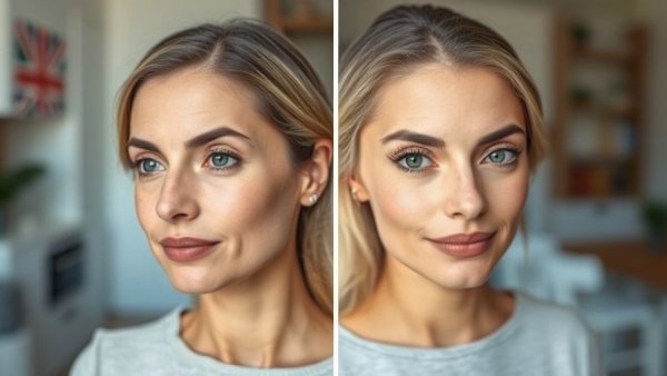 Comparison of eye surgery recovery progress in a woman's face.