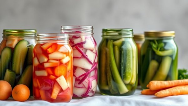 Assorted fermented foods in jars, rich in probiotics, on white background.