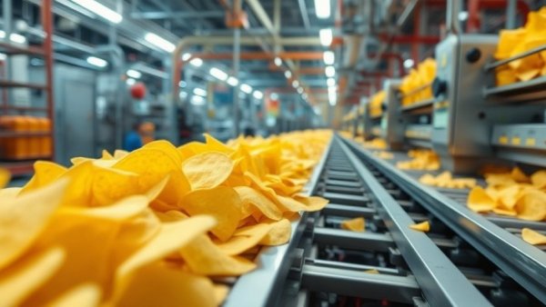 Tortilla chips in a factory line highlighting ultra-processed foods.