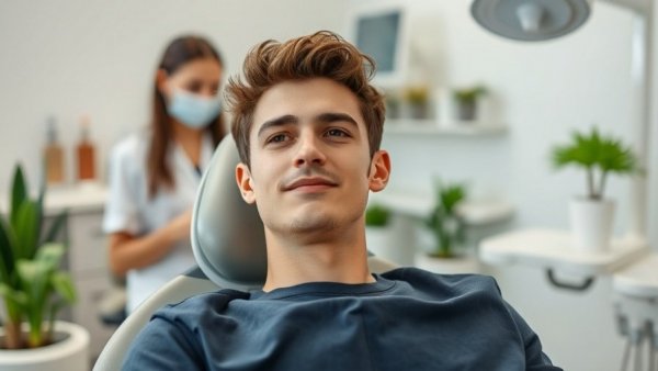 Relaxed young man in dental chair, dental care setting.