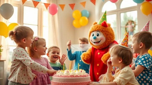 Children enjoying a cheerful birthday party with costumed entertainer.