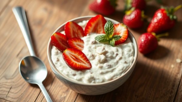 Bowl of oatmeal with strawberries on a rustic table, highlighting fiber-rich foods.