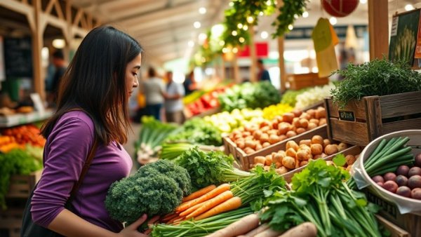 Woman selecting vegetables at market for plant-based diet diabetes prevention.