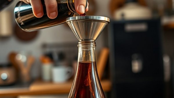Pouring liquid for fermented beet kvass recipe using a funnel in a kitchen.