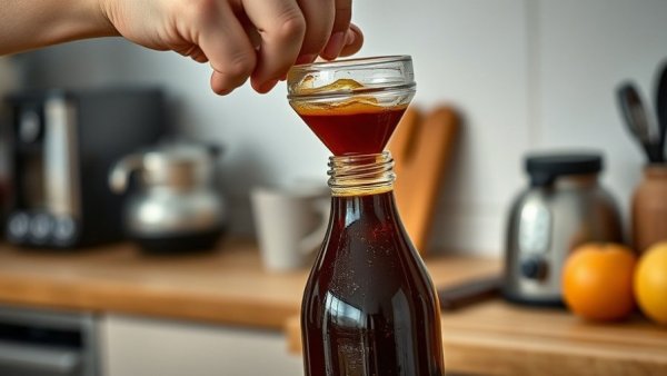Pouring fermented tonic into a bottle for fermentation health benefits.