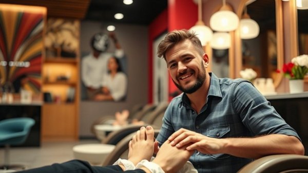 Man experiencing first pedicure at salon, foot health tips.