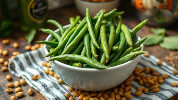 Fresh green beans in a bowl on a striped cloth.