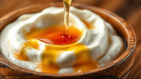 Wooden bowl with yogurt and honey overflow for probiotic boost