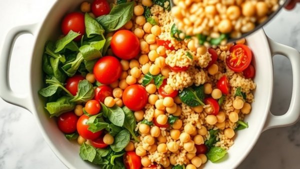 Colorful one pan healthy meal ingredients in a baking dish.