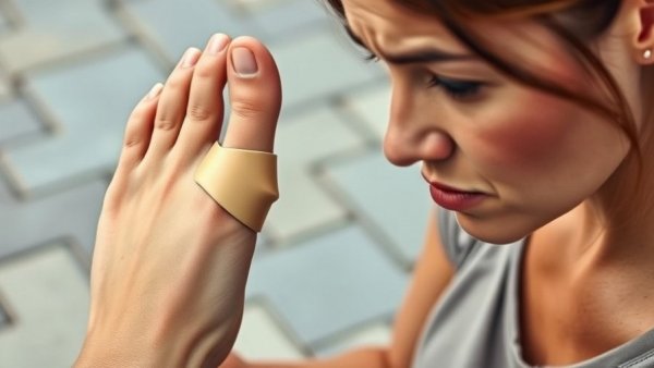 Foot with bunion corrector, woman concerned about health product, exposed.