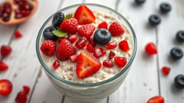 Overnight oats with berries and seeds on a rustic table.