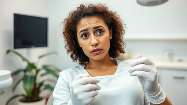 Confused woman during dentist visit, unusual dental procedure.