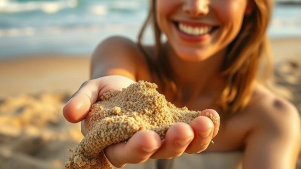 Foot health tips: Hand digging in beach sand with smiling woman.