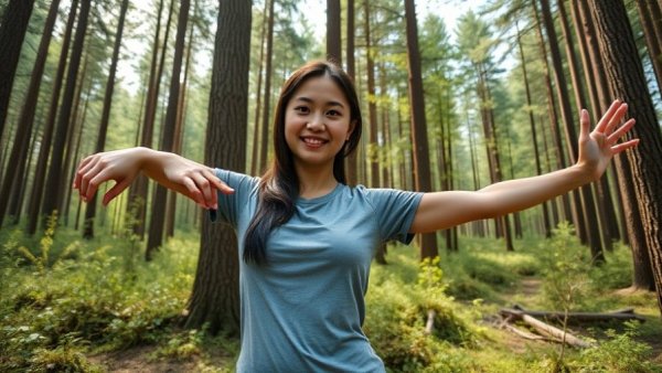 Woman performing quick arm toning exercises in forest setting.