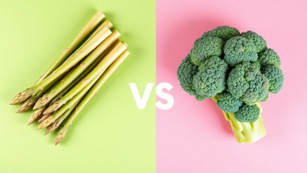 Asparagus vs. Broccoli Nutrition Comparison image with vivid colors.