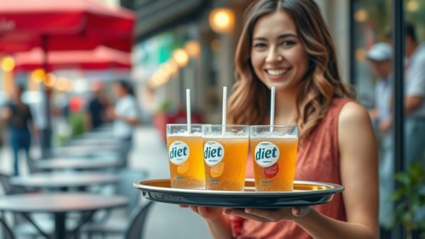 Close-up of diet sodas on tray highlighting potential health risks.