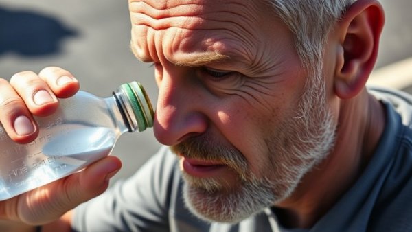 Man staying healthy by drinking water outdoors, sunny day.