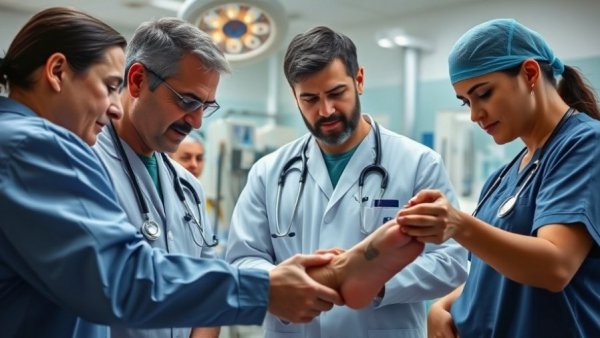 Group of medical professionals examining foot for pain relief in hospital room.