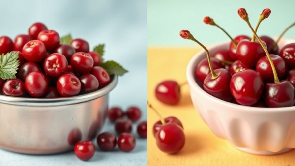 Cranberries vs. cherries in metal pot and pink bowl with vibrant backdrop.
