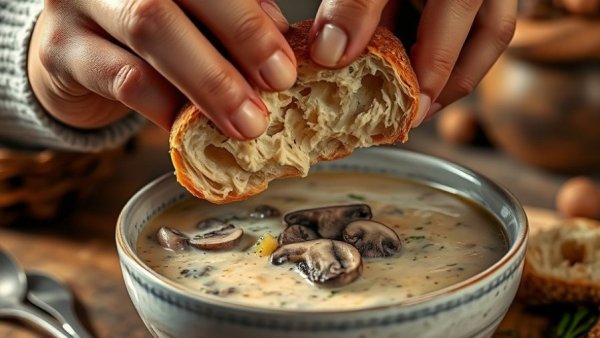 Hands breaking bread over creamy mushroom soup, showcasing mushroom soup health benefits.