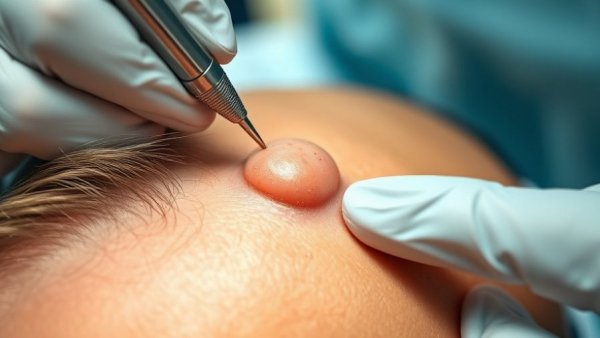 Close-up of pilar cyst treatment on scalp.