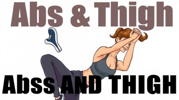 Woman demonstrating 7 minute abs and thigh workout, vibrant text background.