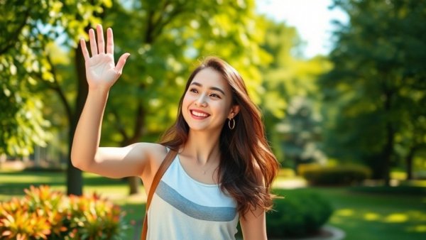 Young woman waving in a sunny park, emphasizing Every Couple Has a Planner And a Passenger.