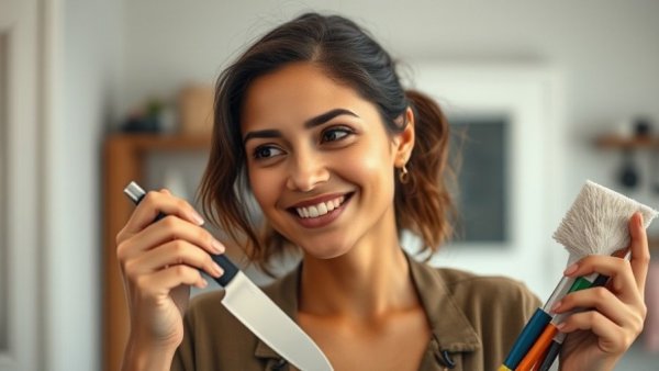 Contemplative woman cleaning with a knife, reflecting intrusive thoughts.