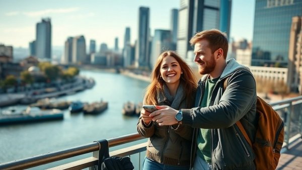 Couple engaging in a city game by the river under natural light.
