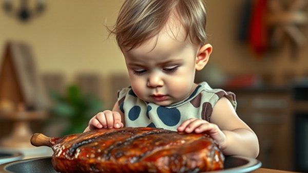 Baby in Flintstones outfit with meat, illustrating health benefits of early meat introduction.