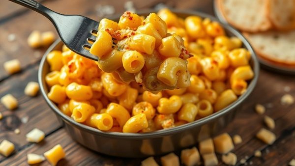 Cheesy baked mac and cheese in a red dish on rustic table.