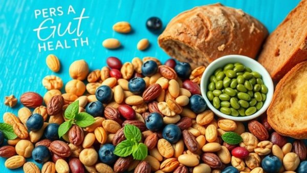 Assortment of nuts, berries, beans, and bread for gut health.