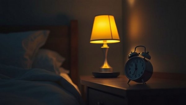 Cozy bedroom scene with a lamp and alarm clock implies regular bedtime lowers blood pressure.