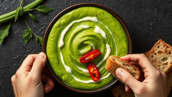 Super Green Beans Recipe with creamy swirl and chili garnish.