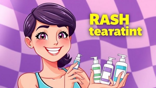 Animated woman promoting rash treatment products with dynamic background.