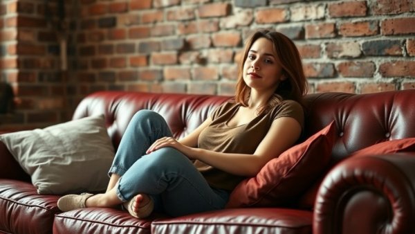 Comfortable young woman sitting on a leather couch in a rustic setting.