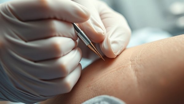 Close-up medical procedure for skin rash diagnosis.