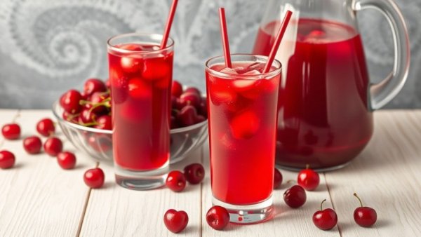 Tart cherry juice and fresh cherries on a table for gut health.