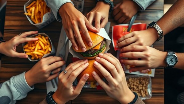 Hands sharing ultra-processed foods like burger and fries suggesting link to Type 2 Diabetes.