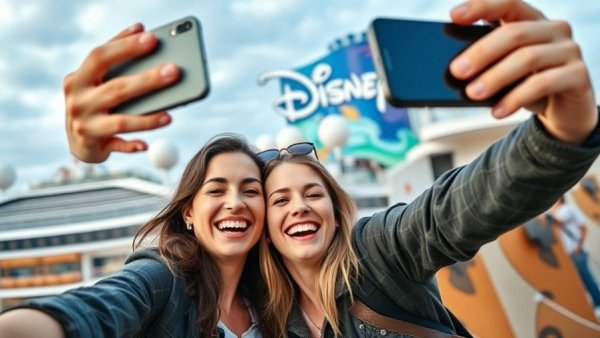 Joyful couple on Disney cruise ship capturing happy moment.