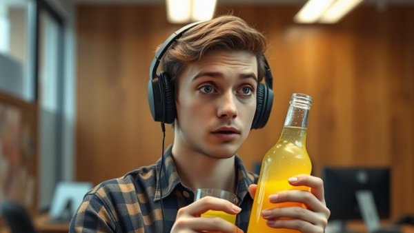Young man holding an old lemonade bottle.