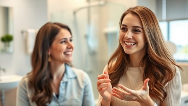Woman discussing oil pulling dental care techniques indoors.