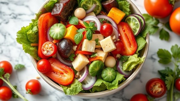 Colorful salad with omega-3 rich ingredients in a bowl on marble.