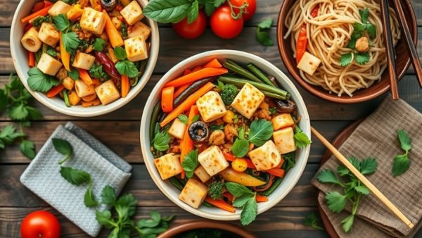 Colorful plant-based stir fry bowls on wooden table, top-down.