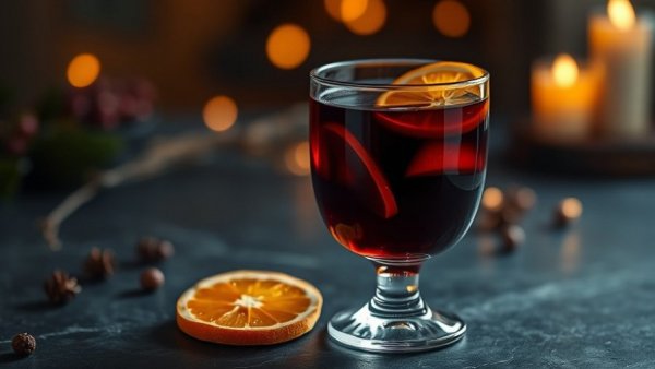 Elegant fermented mulled wine punch garnished with orange slices.