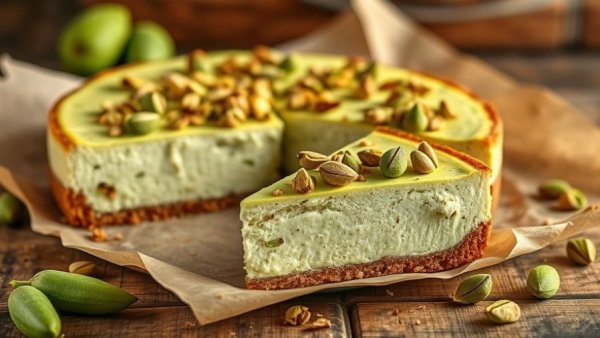 Delicious no bake pistachio cheesecake slices with a rustic kitchen vibe.