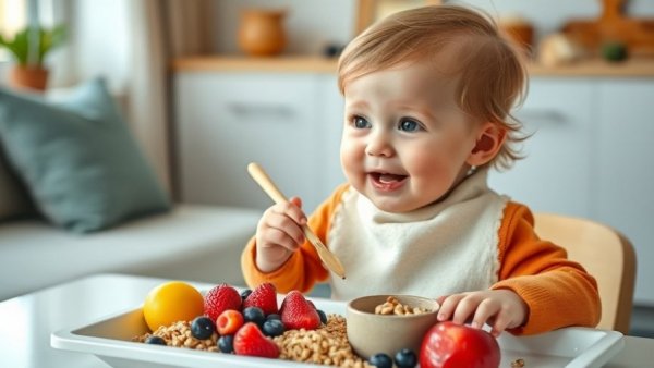 Toddler eating healthy meal with fruits and grains at home.